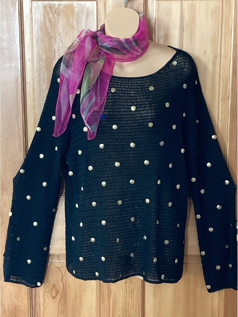 Victor Costa Occasion Sweater M Black Gold Embellished Open Knit Ramie Rayon